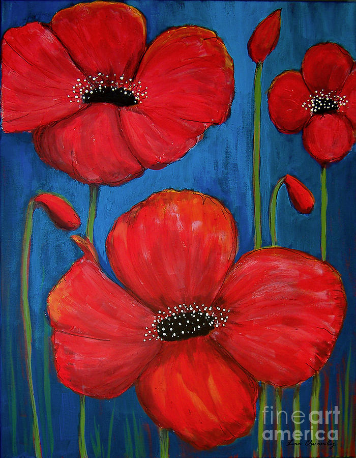 Red Poppies On Blue Painting by Lee Owenby