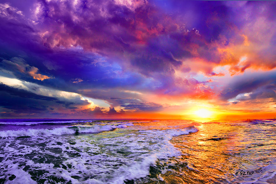 Sunset Photograph - Red Purple Sea Sunset-Sun Trail Waves Seascape by Eszra Tanner