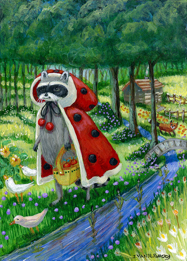 Red Riding Raccoon Painting by Jacquelin L Vanderwood Westerman