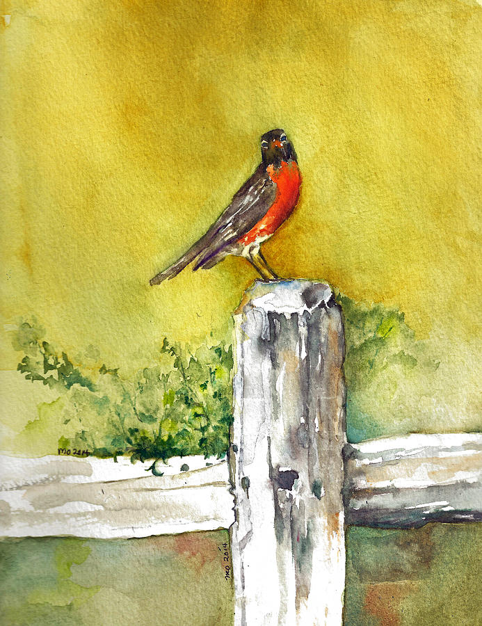 Red Robin on the Fencepost Painting by Maureen Moore