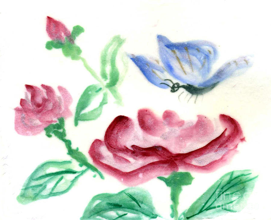 Red Rose and  Blue Butterfly Painting by Ellen Miffitt