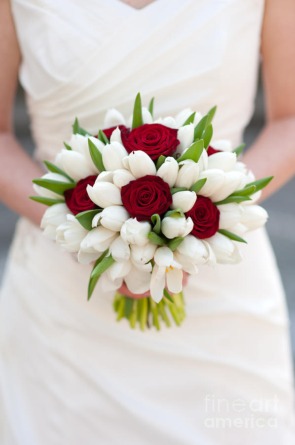 Red Rose And White Tulip Wedding Bouquet Photograph by Lee Avison