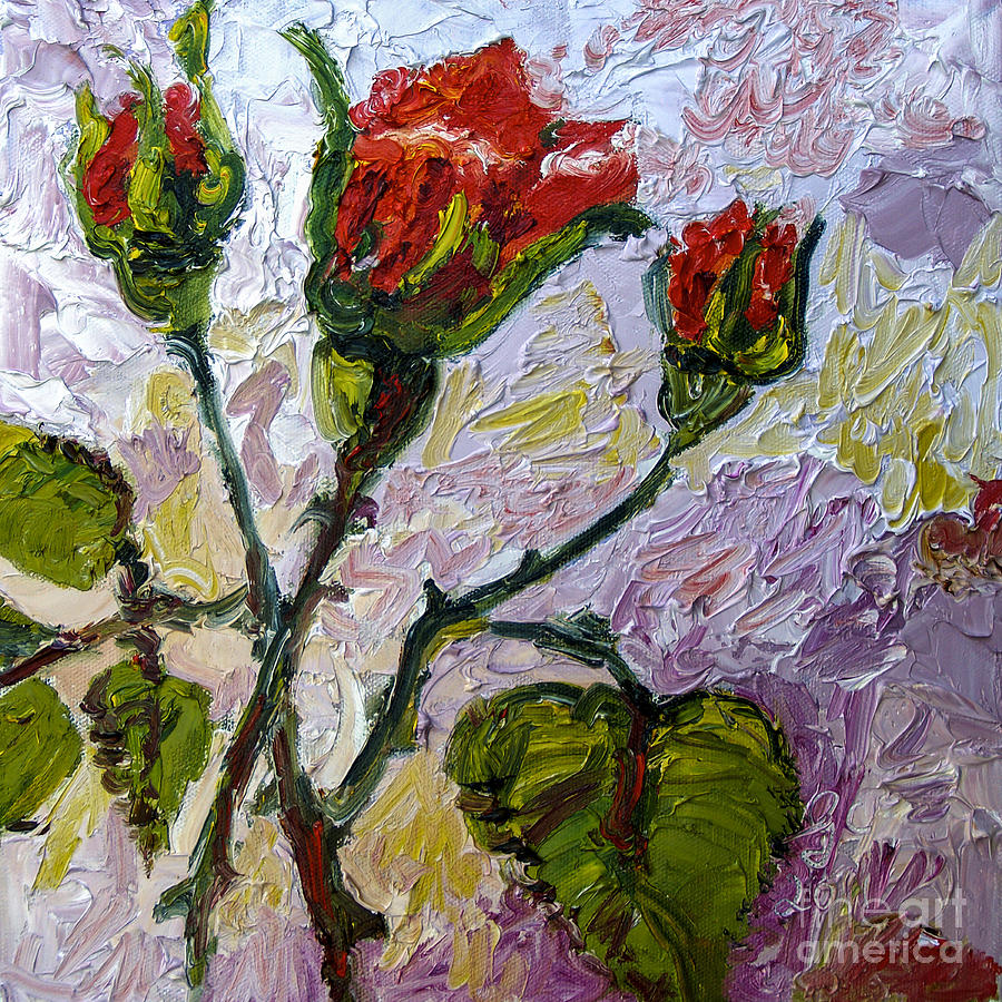 Rose Painting - Red Roses and Rose Buds Impressionist Oil Painting by Ginette Callaway