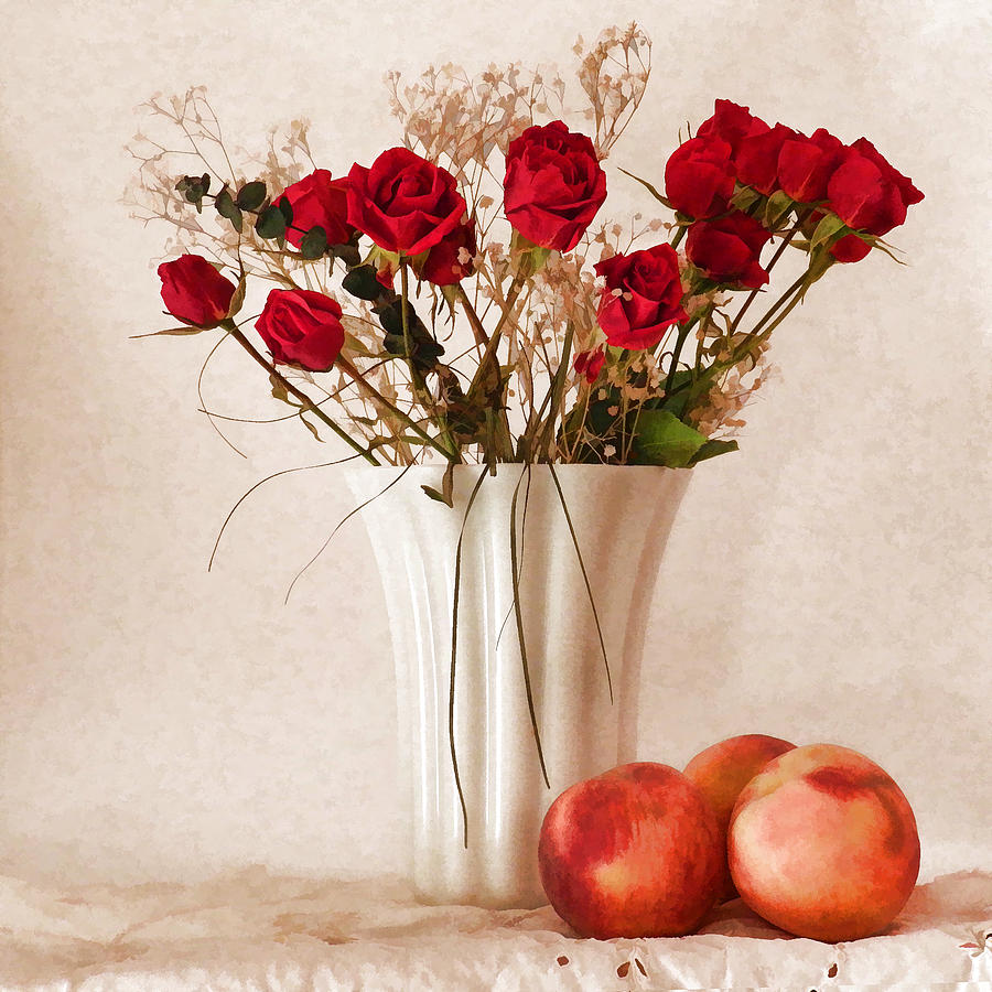Red Roses And Three Peaches Digital Art
