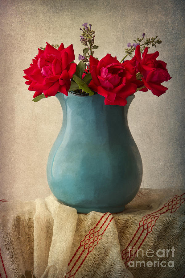 Red Roses In A Blue Pot Photograph by Elena Nosyreva