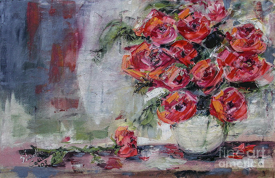 Red Roses Still Life Painting by Ginette Callaway