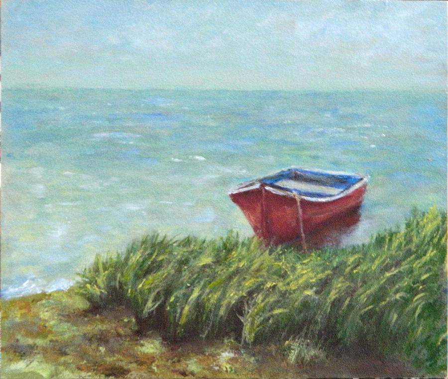 Red Rowboat Painting by Sandra Nardone