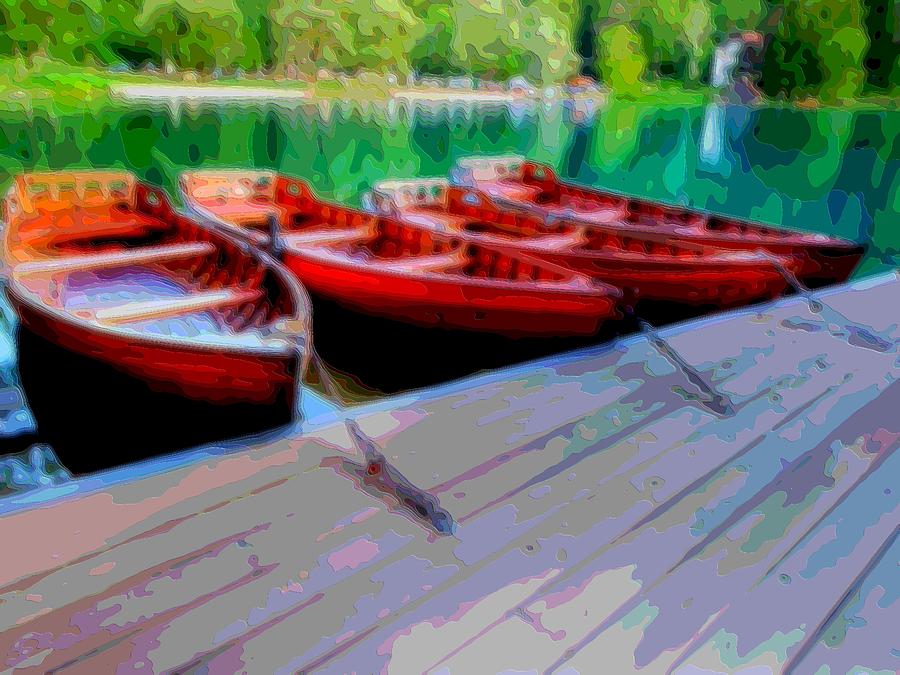 Red Rowboats Dock Lake Enhanced VII Photograph by L Brown