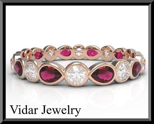 Gemstone Jewelry - Red Ruby And White Sapphire 14k Rose Gold Woman Wedding Ring by Roi Avidar