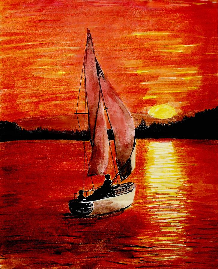 Sailboat Drawing - Red Sail Sunset by Todd Spaur