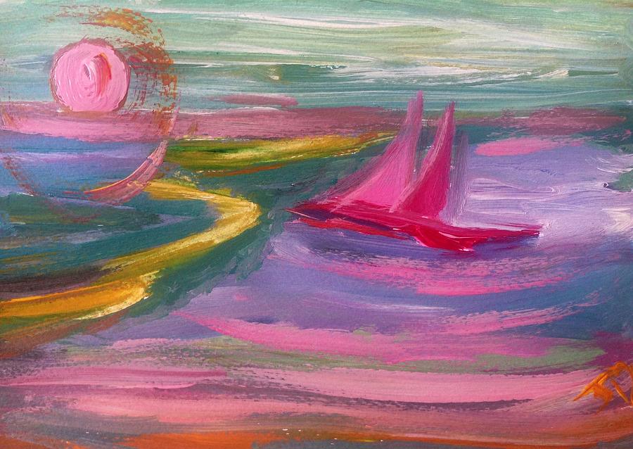 Red sails in the sunset Painting by Judith Desrosiers