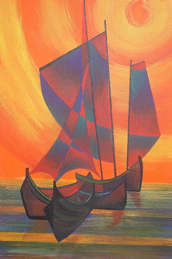 Red Sails In The Sunset Painting by Taiche Acrylic Art