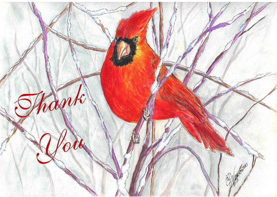 Red Snow Cardinal Thank You Painting by Carol Wisniewski