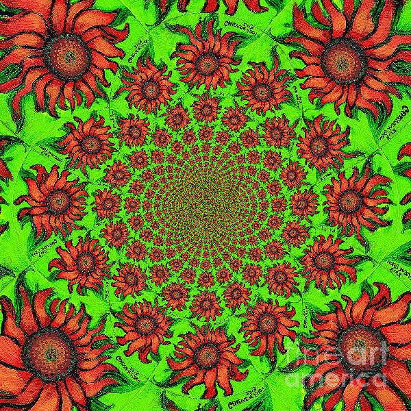 Red Sunflower Kaleidoscope Mandela Painting by Genevieve Esson