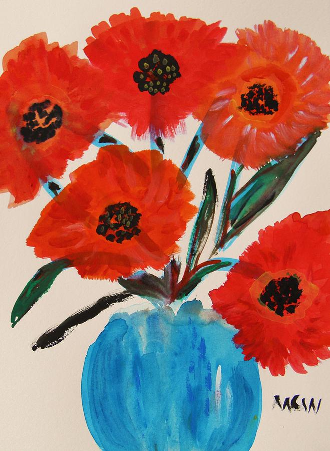 Red Sunflowers in a Cobalt Vase Painting by Mary Carol Williams