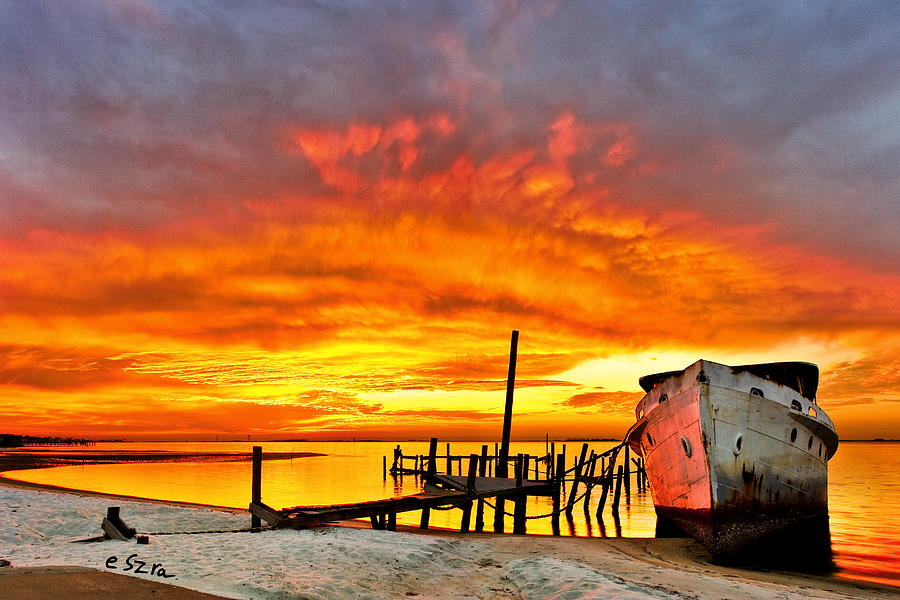 Red Sunset - Beached Ship at Sunset Photograph by Eszra Tanner