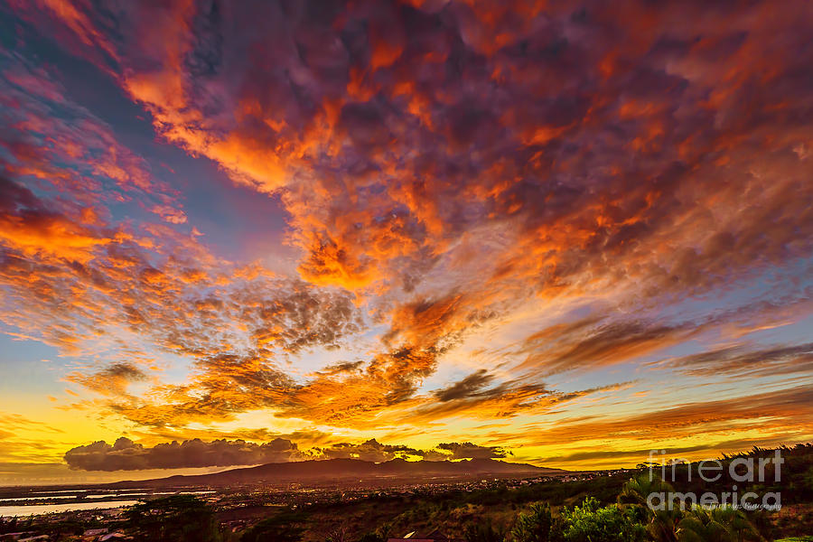 Hawaii Sunset Photograph - Red Sunset Behind the Waianae Mountain Range by Aloha Art