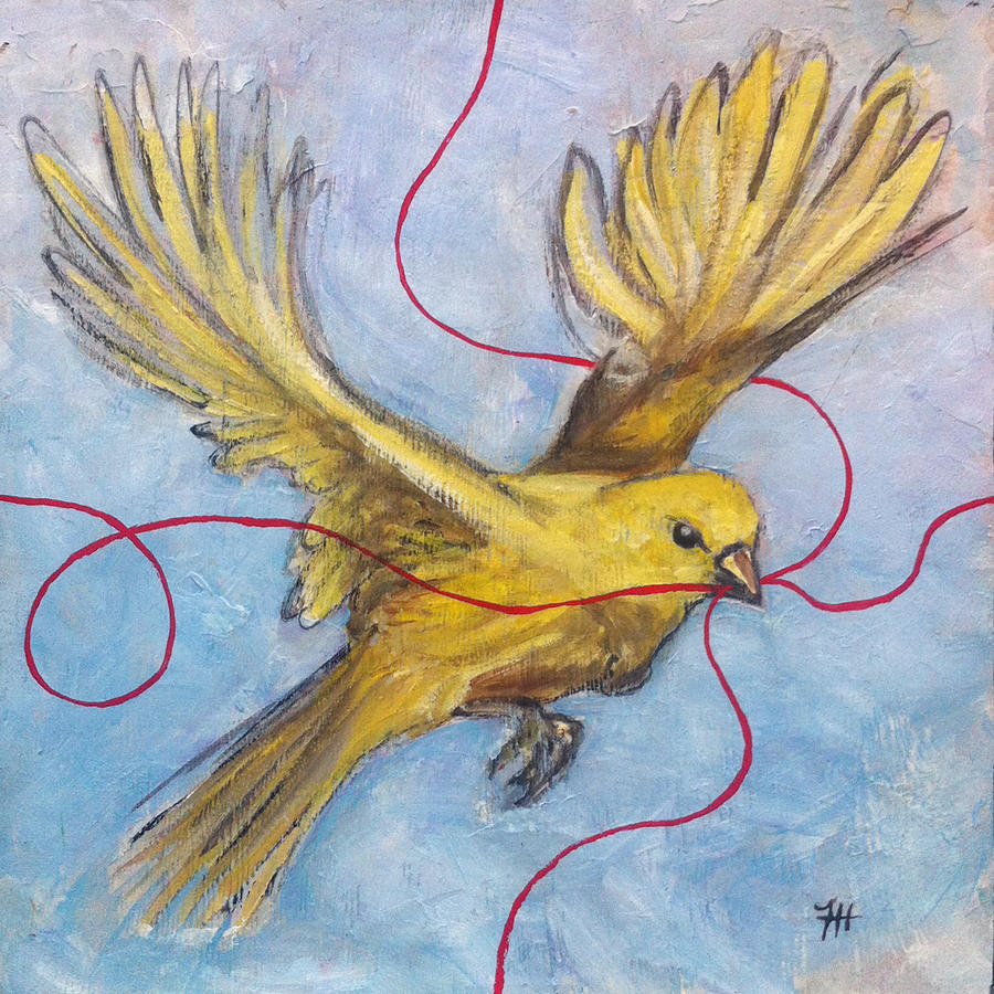 Bunting Painting - Red Thread Yellow Bird by Honey Hilliard