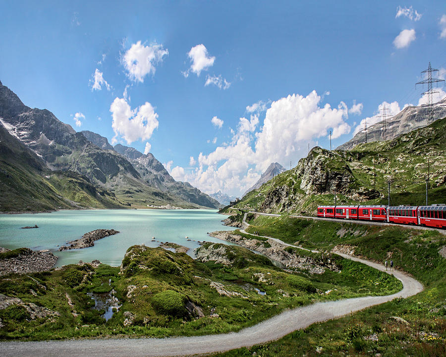 Red Train Bernina Pass In The Alps Photograph by Melinda Moore