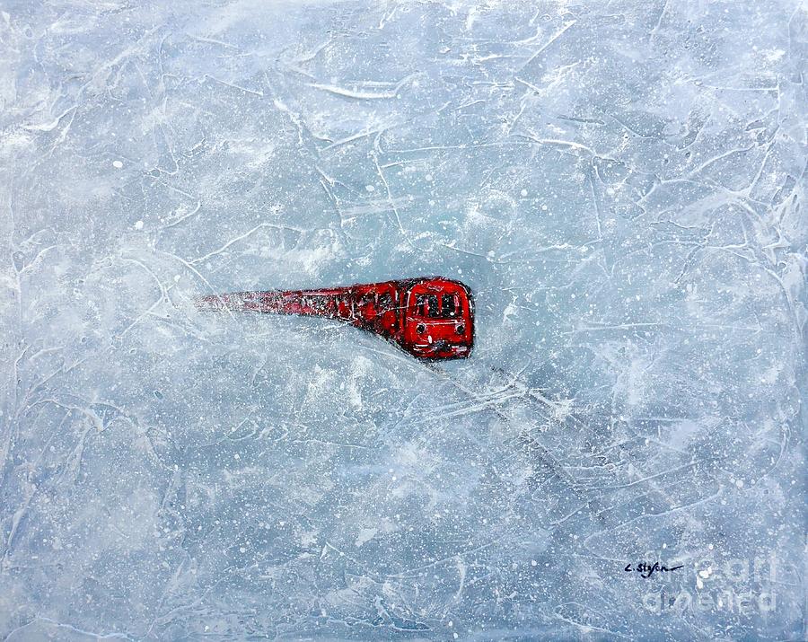 Abstract Painting - Red Train braving the Winter by Cristina Stefan