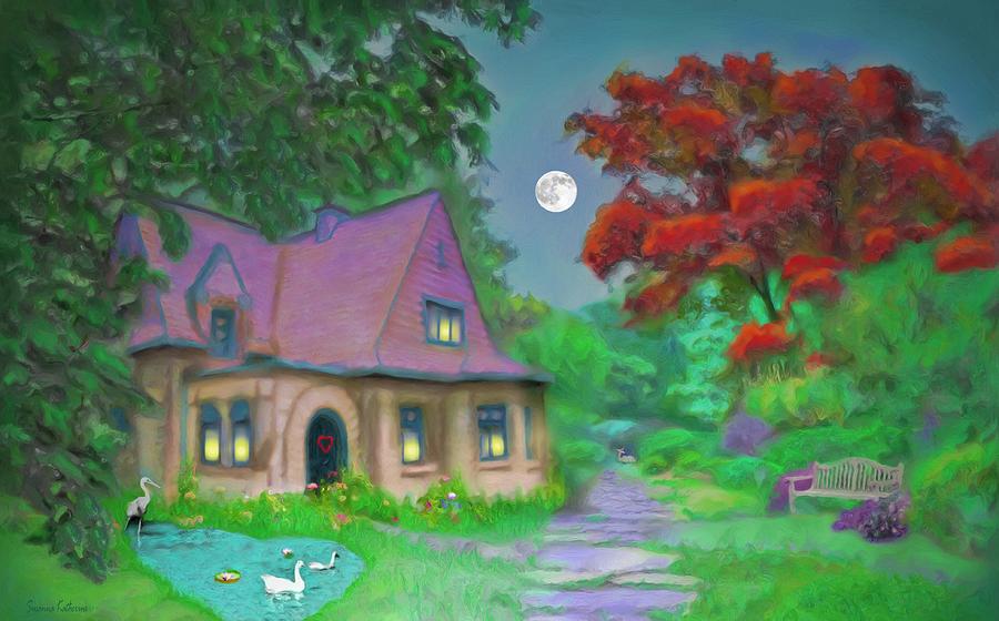 Red Tree Cottage At Dusk Painting by Susanna Katherine