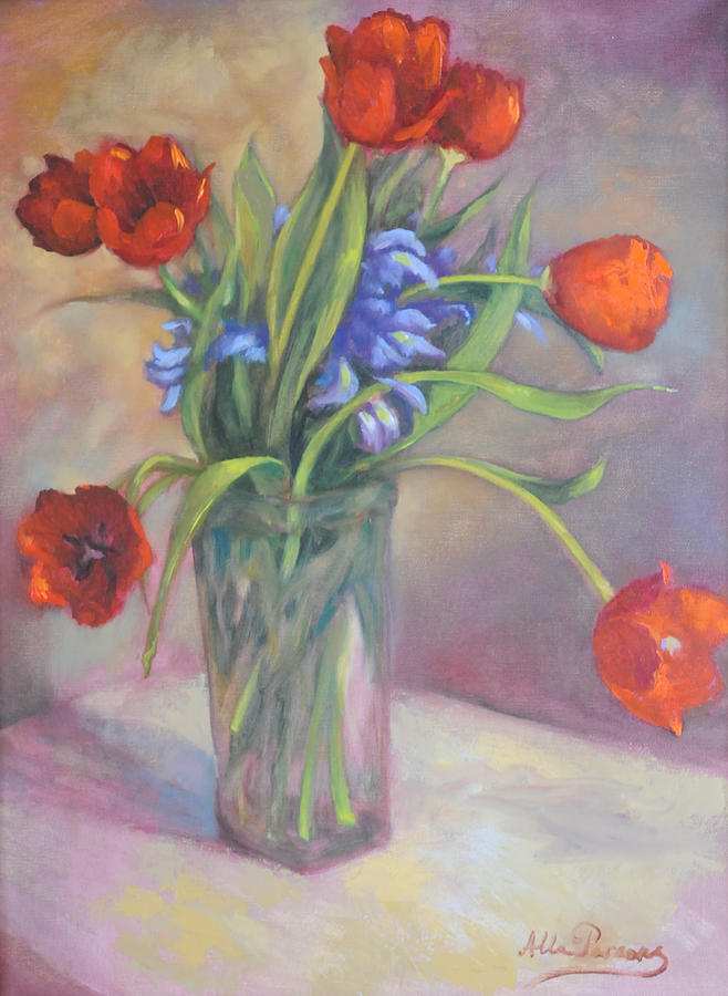 Red Tulips Painting by Alla Parsons