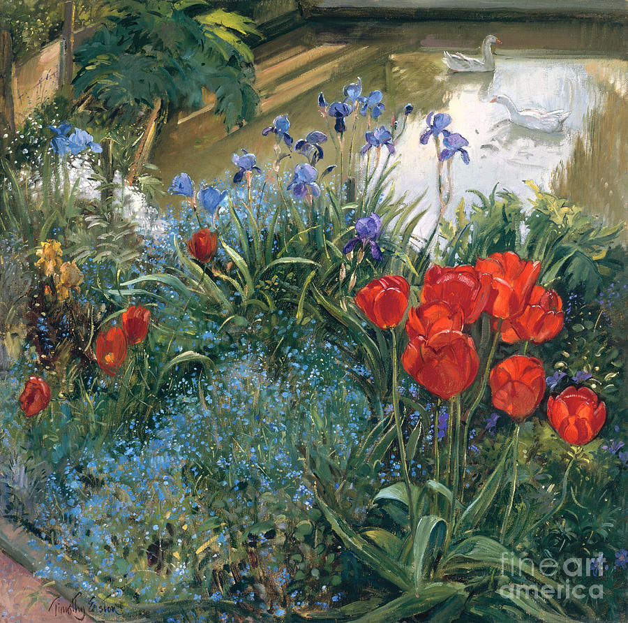Tulip Painting - Red Tulips and Geese  by Timothy Easton