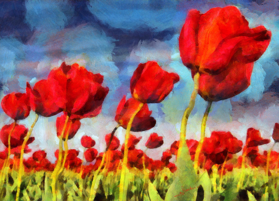 Red tulips Painting by George Rossidis