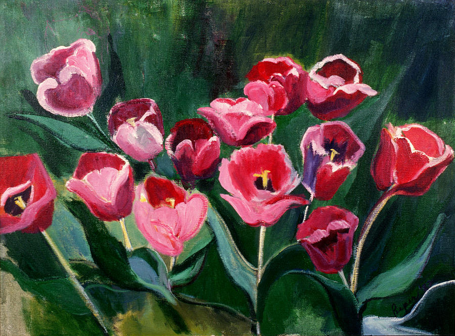 Red Tulips in a Bakers Dozen Painting by Betty Pieper