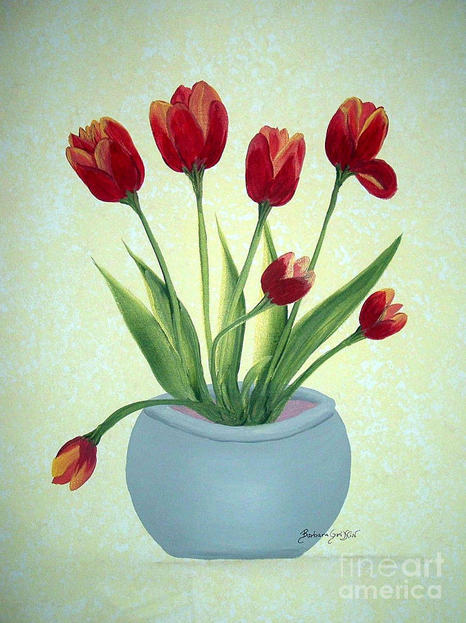 Red Tulips in a Pot Painting by Barbara A Griffin
