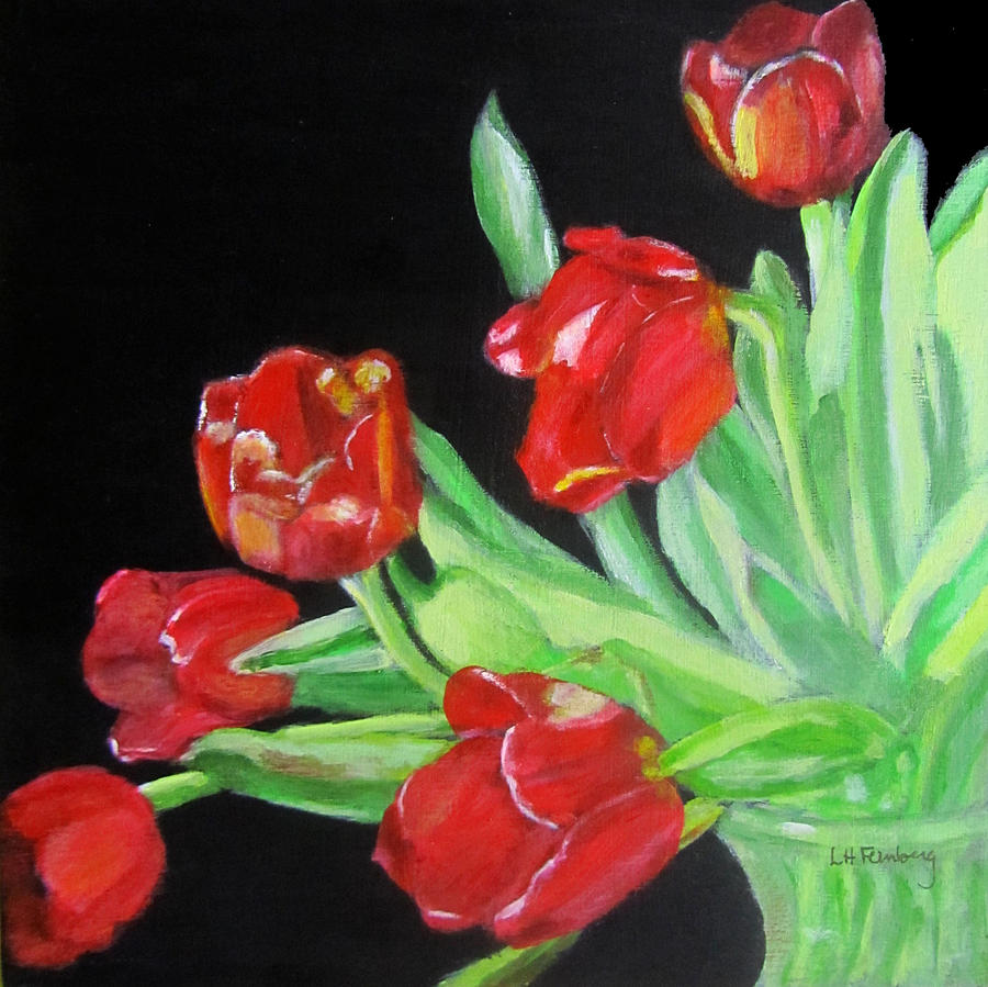 Red Tulips in Vase Painting by Linda Feinberg