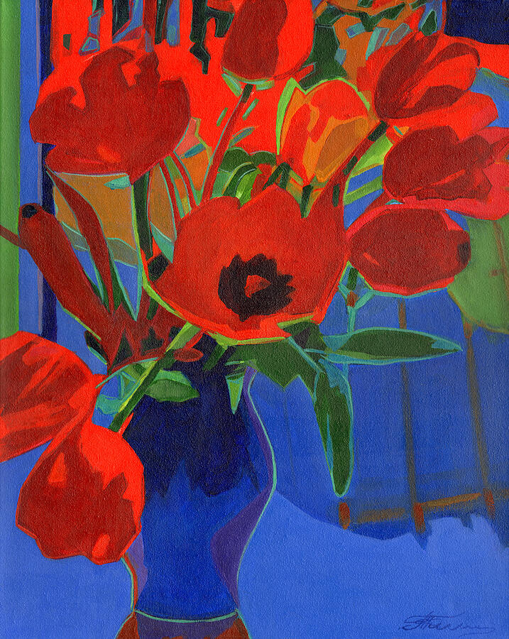 Red Tulips on Blue  Painting by Tanya Filichkin