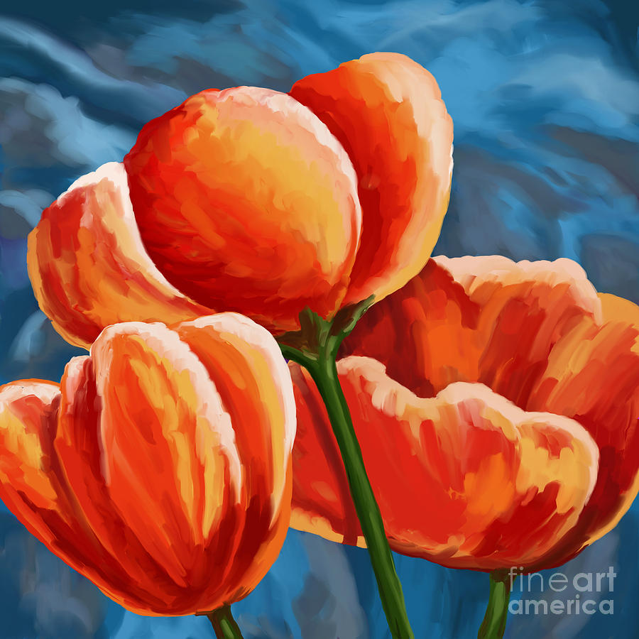 Red Tulips on Blue Painting by Tim Gilliland