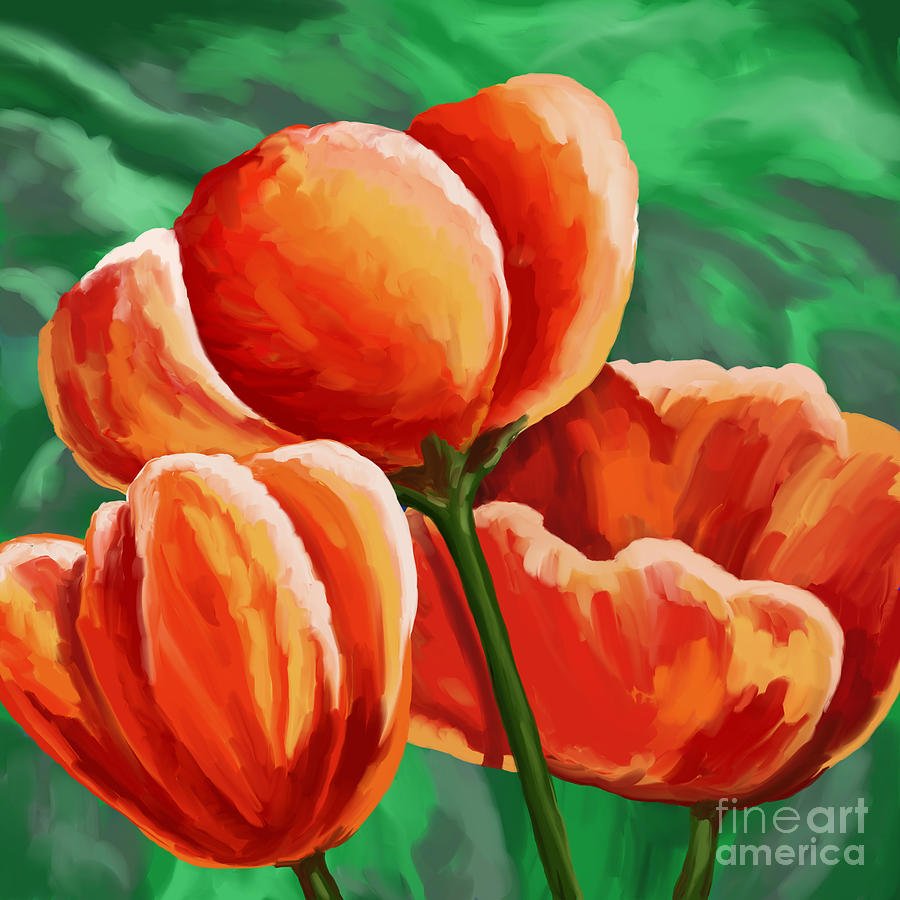 Tulip Painting - Red Tulips on Green by Tim Gilliland