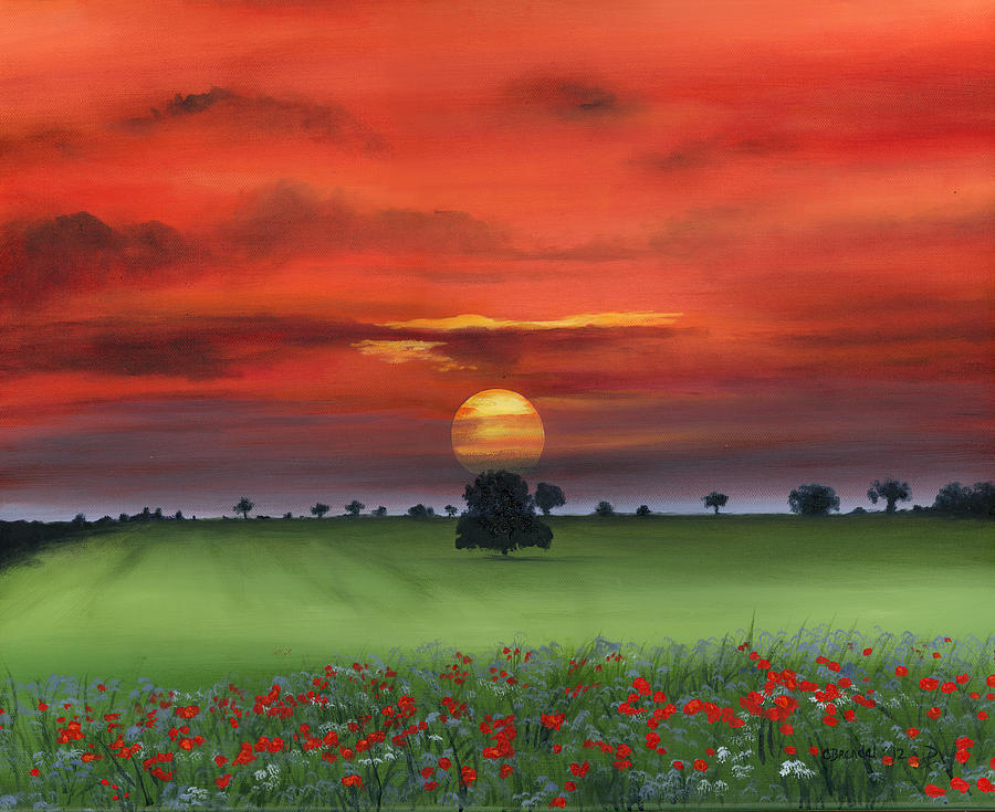 Red Tuscan Sunrise with Poppy Field Painting by Cecilia Brendel