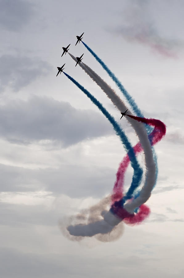 Red arrows acrobatic team in Minorca - Red white and blue twister Photograph by Pedro Cardona Llambias