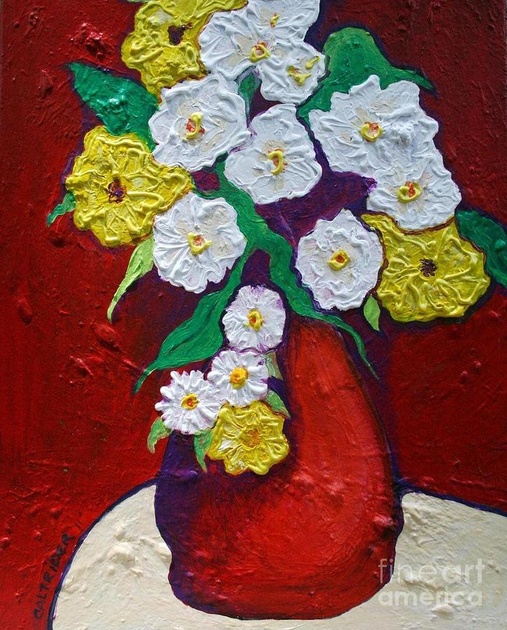 Red Vas with Yellow and White Flowers Painting by Alison Caltrider