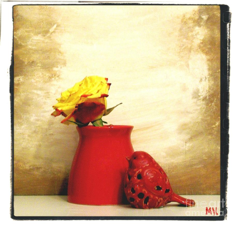 Red Vase Red Bird and Red Yellow Rose Photograph by Marsha Heiken