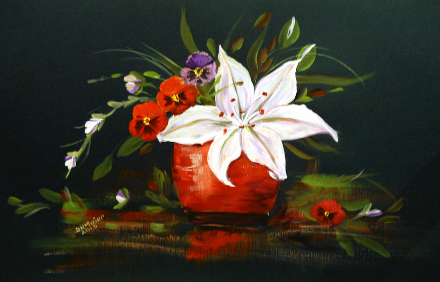 Red Vase with Lily and Pansies Painting by Dorothy Maier