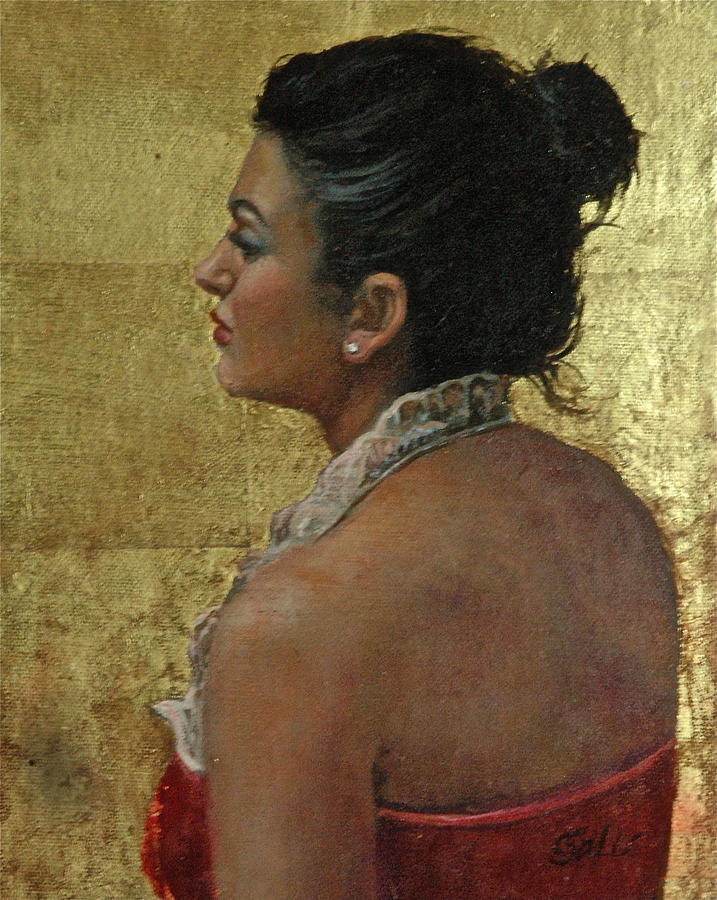 Woman Profile Painting - Red Velvet And Gold by Colleen Gallo