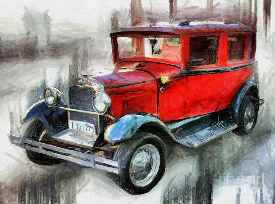 Red Vintage Car - Drawing Drawing by Daliana Pacuraru