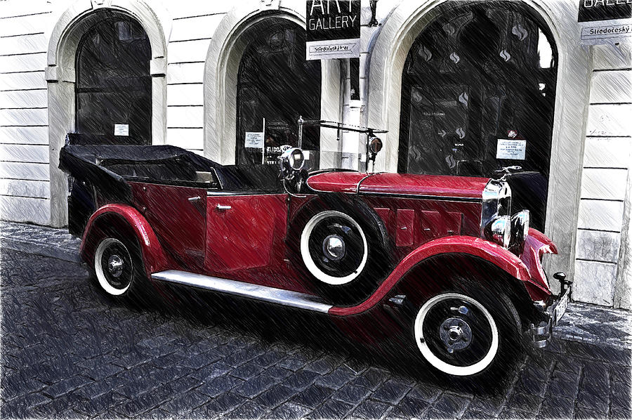 Vintage Photograph - Red Vintage Car in Old Prague by Jenny Rainbow