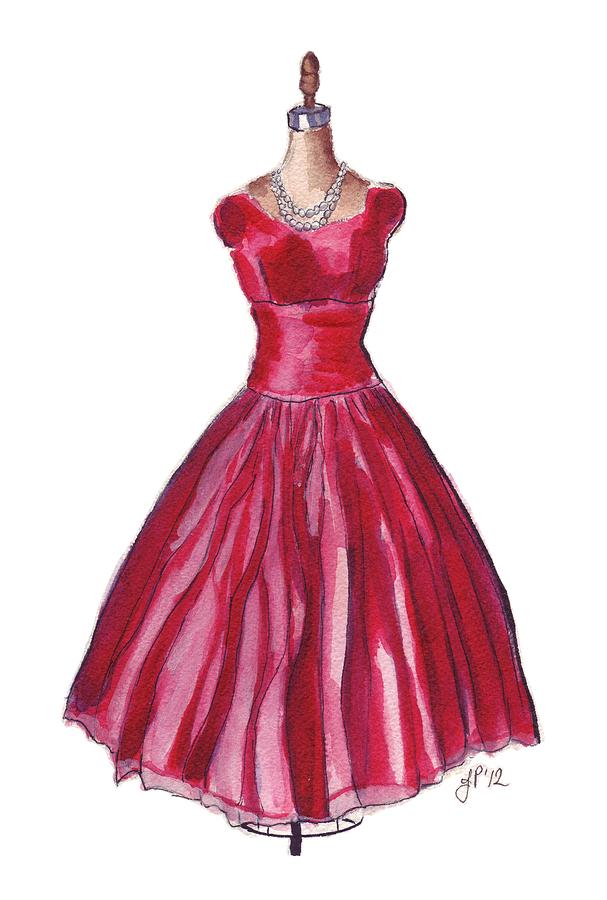 Red Vintage Party Dress On Mannequin Watercolor Painting