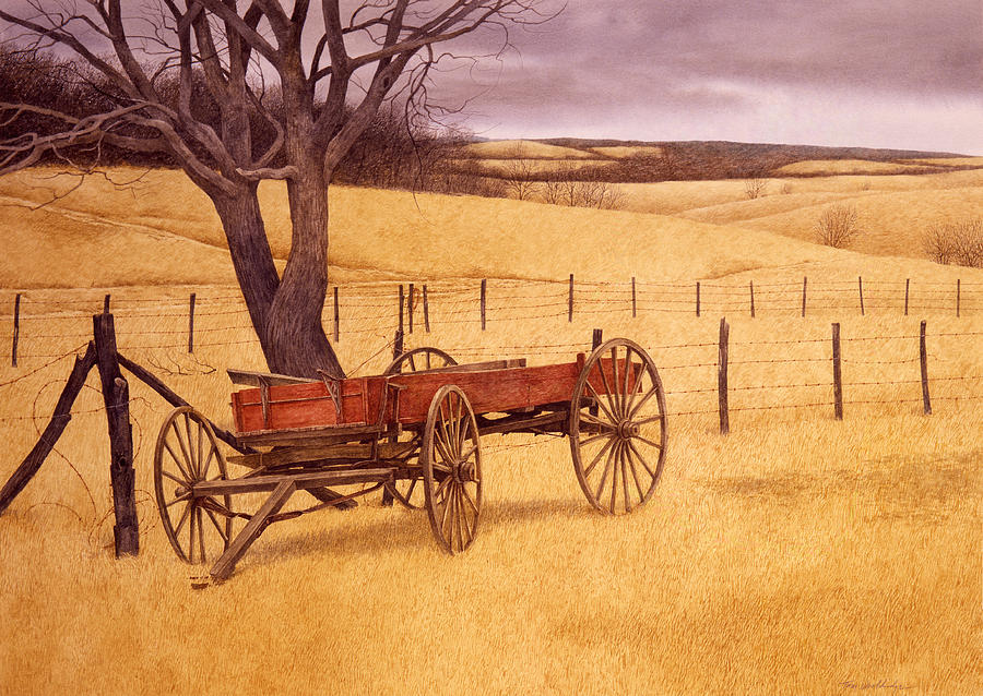 Red Wagon Painting by Tom Wooldridge