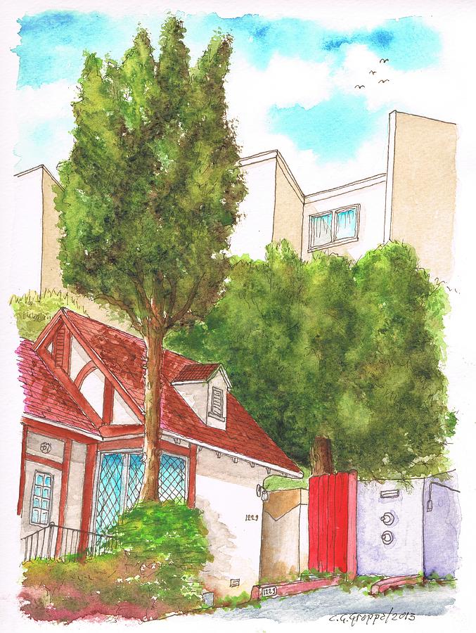 Red wall with two trees in Hern Ave - Hollywood Hills - Los Angeles - California Painting by Carlos G Groppa