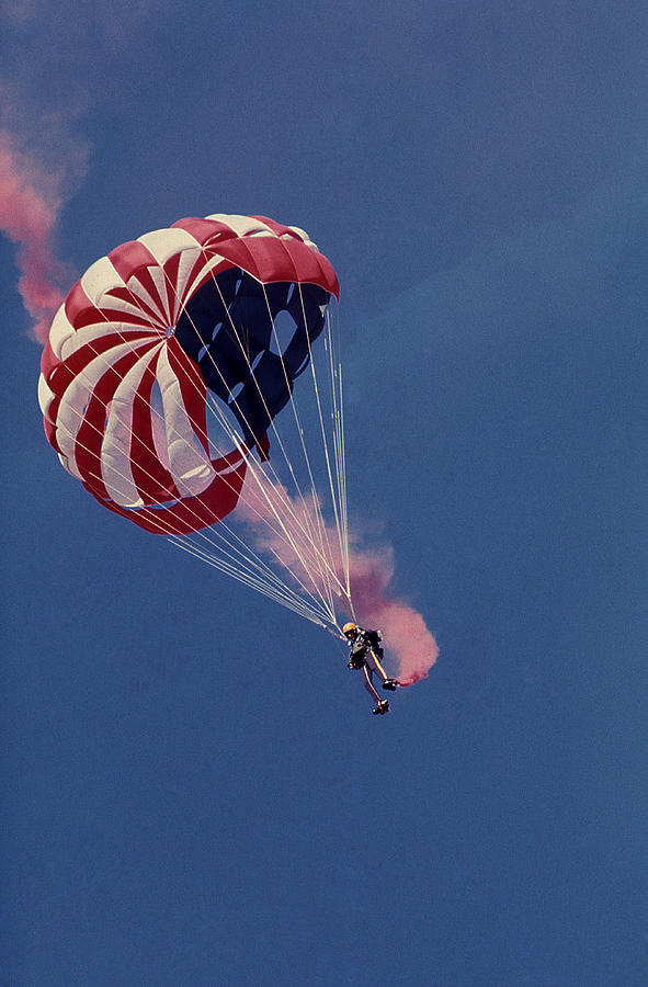 Parachute Photograph - Red White and Blue Coming Down by Thomas D McManus
