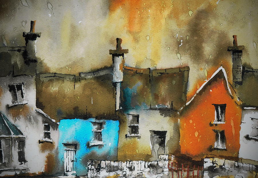 Red White and Blue Cottages Painting by Val Byrne