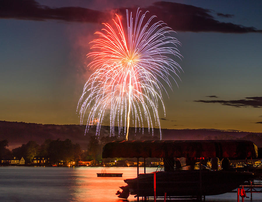 Red White And Blue Fireworks Over Keuka Lake Photograph