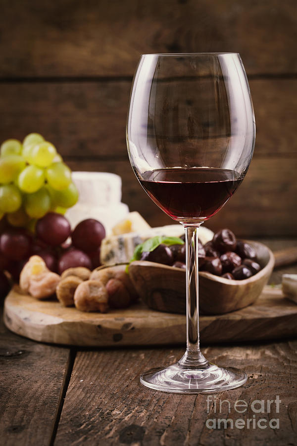 Bread Photograph - Red wine and cheese by Mythja Photography