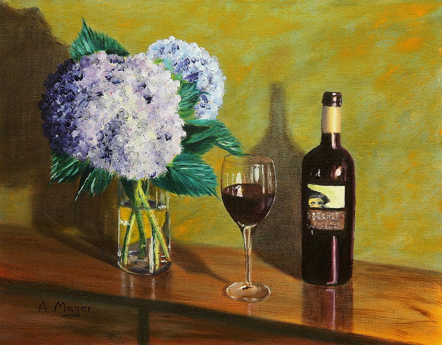 Red Wine and Hydrangea Painting by Alan Mager